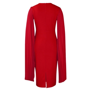 Detail of red evening dress featuring elegant pleated cape sleeves and back zipper closure