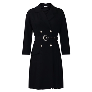 Detail of double-breasted black blazer dress with waist belt and silver crescent buckle