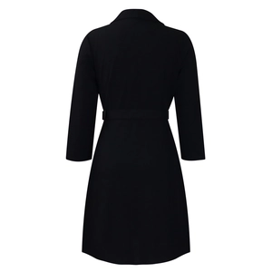 Back view of a long-sleeved black waist-cinched blazer dress with an elegant waist belt