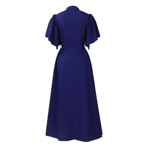 Back view of a royal blue maxi dress with tiered bell sleeves and a cinched waist design