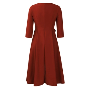 Detailed back view of a burgundy pleated A-line dress with hidden zipper closure