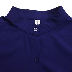 Detail of navy blue stand collar dress with button closure and high-quality woven fabric