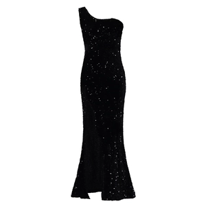 Detail of elegant black sequin evening gown with sexy one-shoulder design and high slit