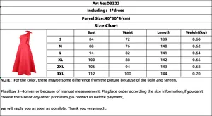 Detailed size chart for the off-shoulder evening dress with measurements in centimeters