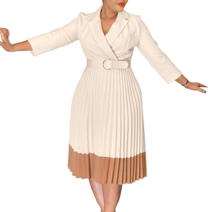 Détail de la robe plissée bicolore élégante avec col à revers et ceinture à boucle métallique