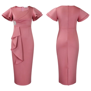 Detail of elegant pink fitted dress showing ruffle sleeves and waist rhinestone accent