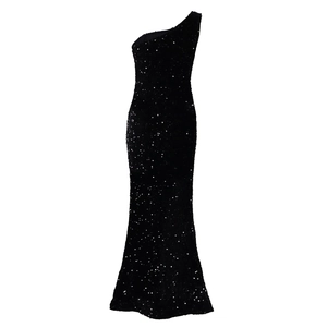 Detail of elegant black one-shoulder sequin evening gown with side slit and mermaid hem