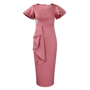 Detailed close-up of elegant ruffles and silver glitter buckle on a rose pink pencil dress