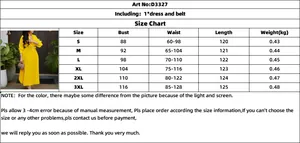 Size chart for V-neck long sleeve pleated dress with detailed measurements S-3XL