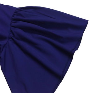 Detailed close-up showing ruffle sleeve pleats and hem of the deep blue summer dress