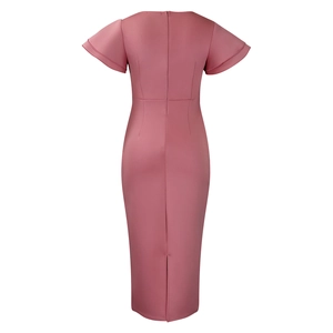 Back view of pink bodycon dress with double ruffles, V-neck, and invisible zipper