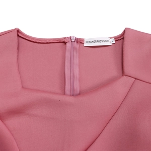 Detail of square neckline with hidden back zipper on elegant dusty rose dress