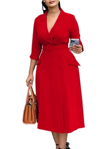 Robe blazer rouge élégante à double boutonnage avec ceinture et manches longues pour femmes
