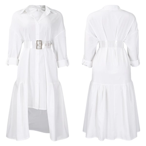 Detail view showing white button-down shirt dress with transparent waist belt and flared hem
