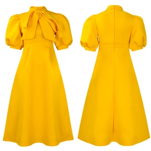 Detailed front and back view of a bright yellow A-line party dress with bow neckline