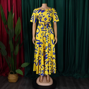 Detail of yellow short-sleeve maxi dress with blue abstract print and waist tie belt