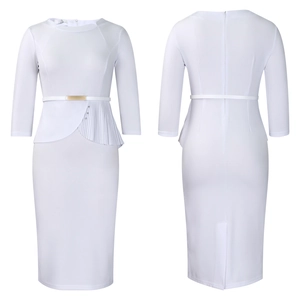Vue avant et arrière d'une robe midi blanche avec volants irréguliers et fine ceinture