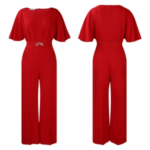 Detailed front and back view of red wide-leg jumpsuit with ruffle sleeves and metal belt buckle