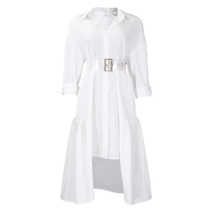 Detail of white shirt dress featuring a transparent PVC belt and asymmetric hemline
