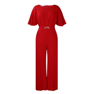 Detail of red high-waisted wide leg jumpsuit with metal ring belt and butterfly sleeves