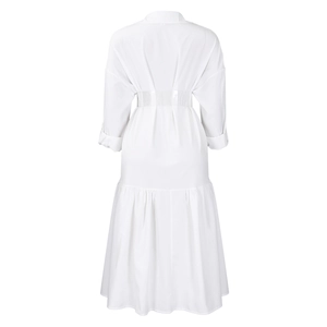 Rear view of white button-down shirt dress with long sleeves and a flared pleated skirt
