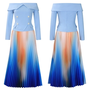 Detailed front and back view of elegant off-shoulder top and pleated gradient maxi skirt