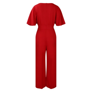 Rear view of red wide-leg jumpsuit featuring high waist and flutter sleeves on white background