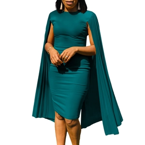 Detail of the pleated cape sleeves on this dark teal slim-fit evening midi dress
