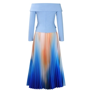 Detail of off-shoulder light blue top and pleated gradient skirt in blue and orange