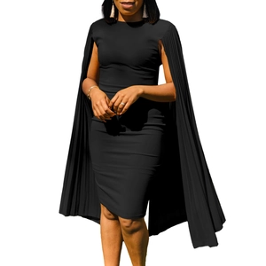 Detail of elegant black bodycon dress featuring pleated cape sleeves and round neckline