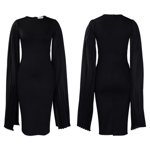 Detail of elegant black bodycon dress with pleated lantern sleeves for evening parties