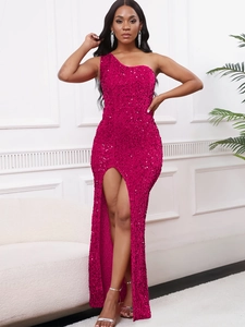 Women Elegant One Shoulder Sequin Evening Dress Sexy High Slit Floor Length Bodycon Maxi Gown For Party Banquet Event