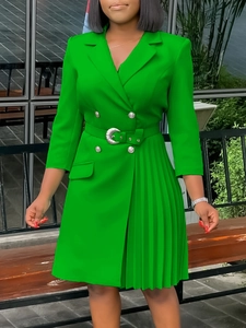 Elegant Double Breasted Suit Midi Dress For Women Professional Office Work Wear Pleated Patchwork High Waist Dress With Belt
