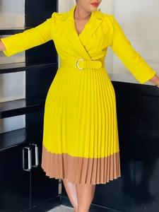 Robe Midi Plissée Élégante pour Femmes Bloc de Couleur Avec Ceinture Col Tailleur Manches Bouffantes Taille Haute Patchwork