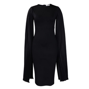 Detail of elegant black pleated cape sleeves on a slim fit evening party dress
