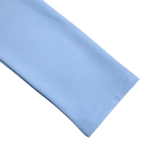 Detailed view of sky blue fabric sleeve with high-quality single needle stitching