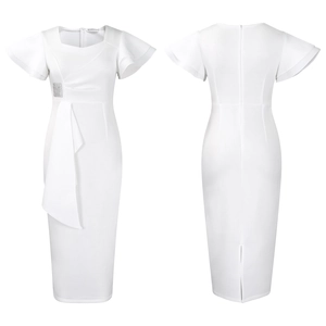 Detail view showing ruffled sleeves and sequin buckle on white bodycon dress