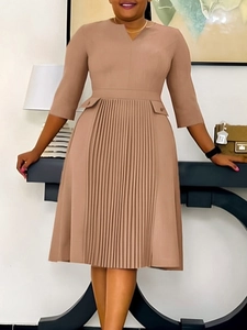 Women Elegant V-Neck 3/4 Sleeve Midi Dress High Waist Pleated A-Line Office Commuter Dress Back Zipper Solid Color Robe
