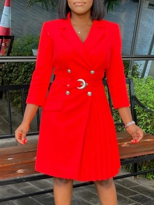 Red high-waist double-breasted blazer dress with pleated hem and metal buckle belt