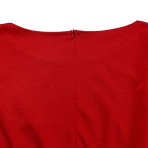Close-up of red high-waist jumpsuit showing back neckline and invisible zipper detail