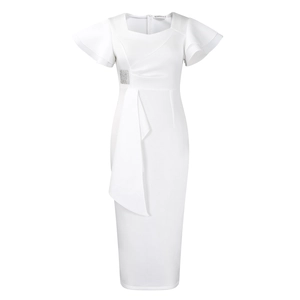 Close-up of white dress showing square neckline, ruffled sleeves and decorative waist buckle