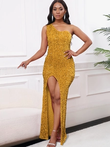 Elegant gold sequin evening gown with one-shoulder design and high side slit detail