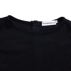 Detailed view of black round neckline with pleated texture and concealed back zipper