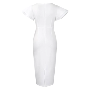 Detail view of the back invisible zipper and hem slit on this elegant white ruffle dress