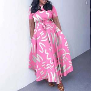Detail of pink short-sleeve dress with abstract print and belted waist design