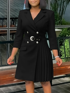 Fashionable black double-breasted blazer dress with pleated skirt and metallic belt buckle