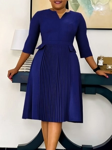 Elegant navy blue V-neck midi dress with pleated front and 3/4 sleeves for business style