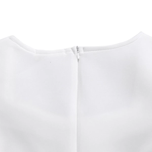 Close-up of the elegant round neckline with a seamless invisible back zipper on a white dress