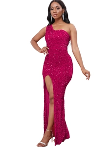 Elegant magenta sequin one shoulder evening dress with high slit and slim fishtail silhouette