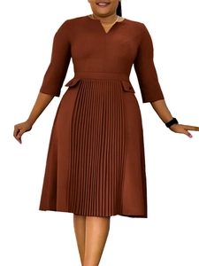 Elegant brown midi dress with pleated skirt, V-neckline, and stylish three-quarter sleeves